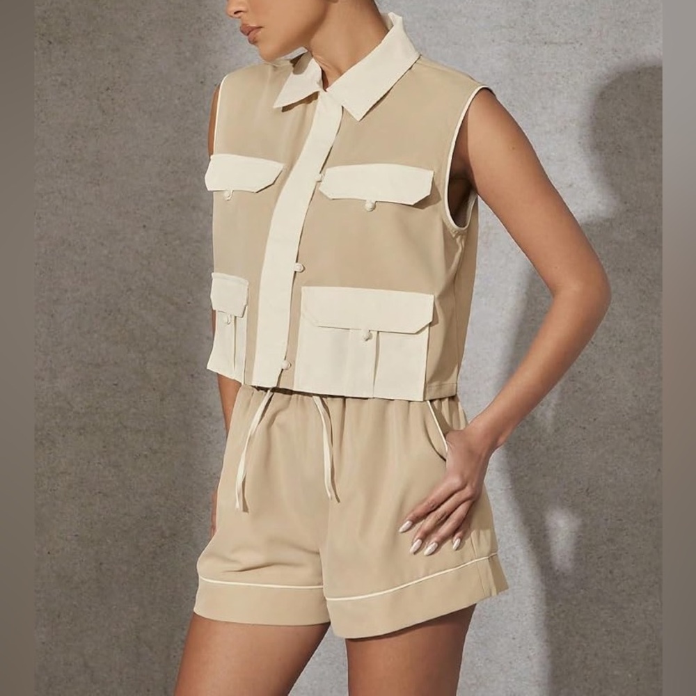 Tan & ivory matching 2 piece shorts & vest set — pocket front button up detail - Picture 2 of 7